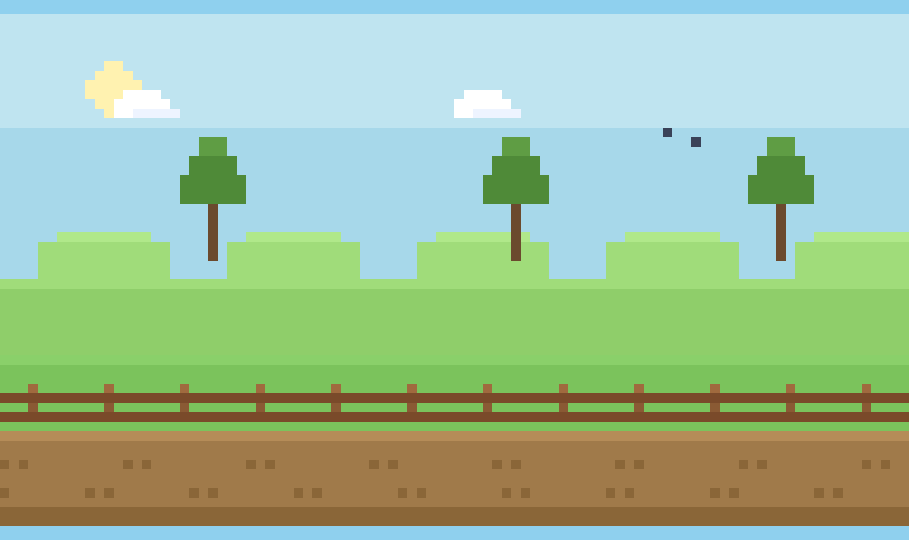 こびとの村の風景。青空の下に木々と柵、村を横切る土の道が広がるドット絵の全景